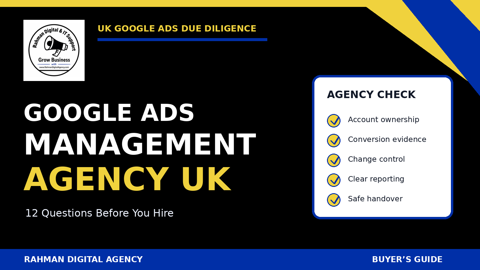Google Ads management agency UK buyer checklist by Rahman Digital Agency
