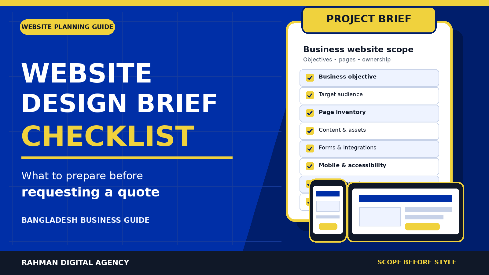 Website design brief checklist beside desktop and mobile wireframes in Rahman Digital Agency blue and gold