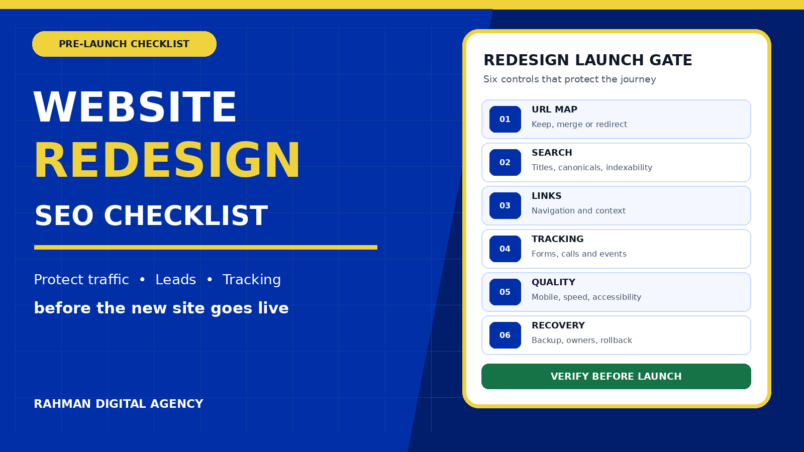 Website redesign SEO checklist covering URL mapping, search signals, tracking, mobile quality and rollback